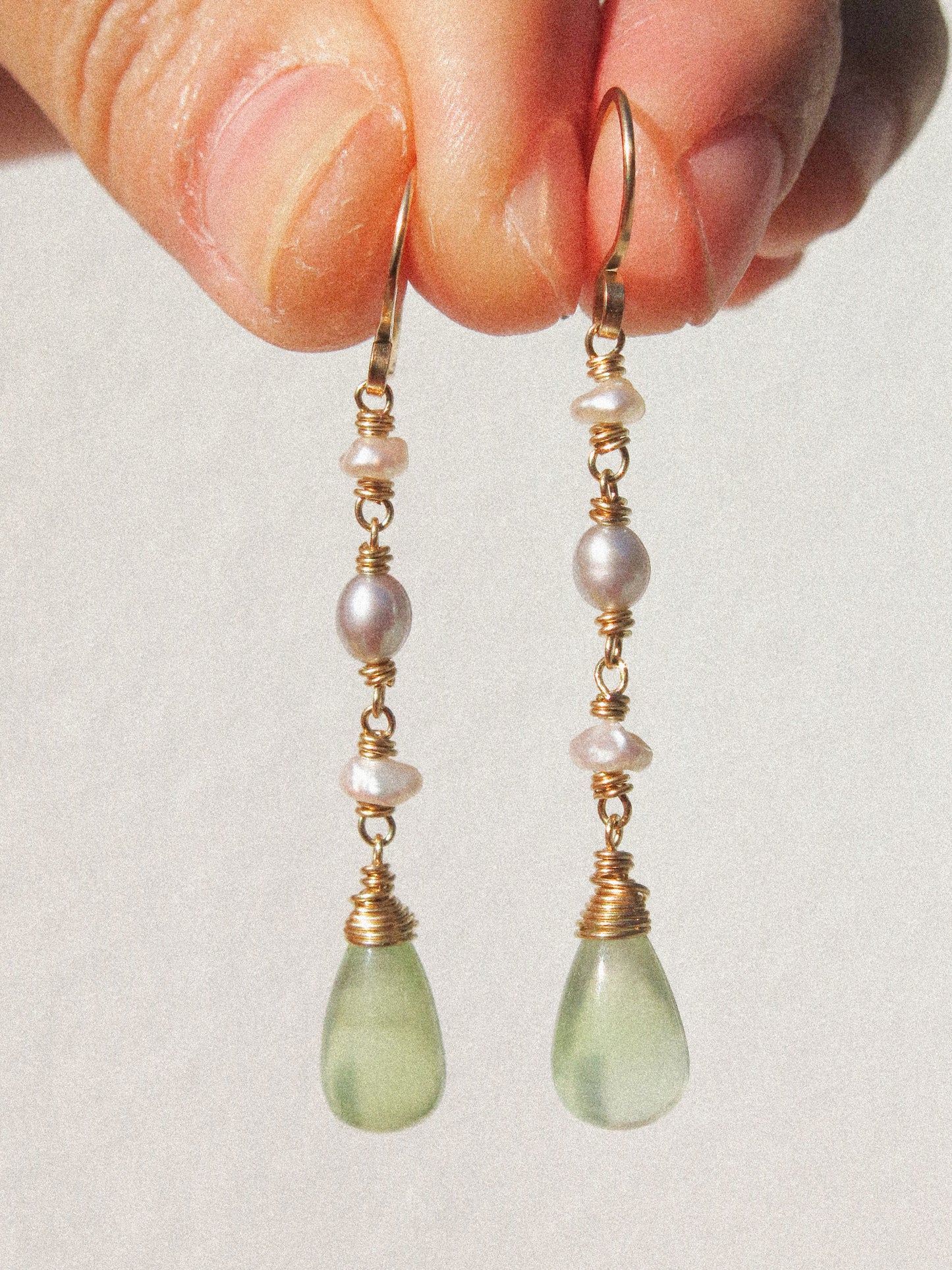 Prehnite and Petit Keshi Pearl Dangle Earrings in 14K Gold Fill