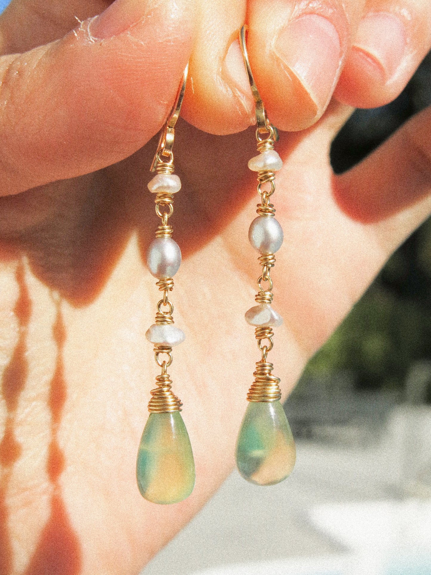 Prehnite and Petit Keshi Pearl Dangle Earrings in 14K Gold Fill