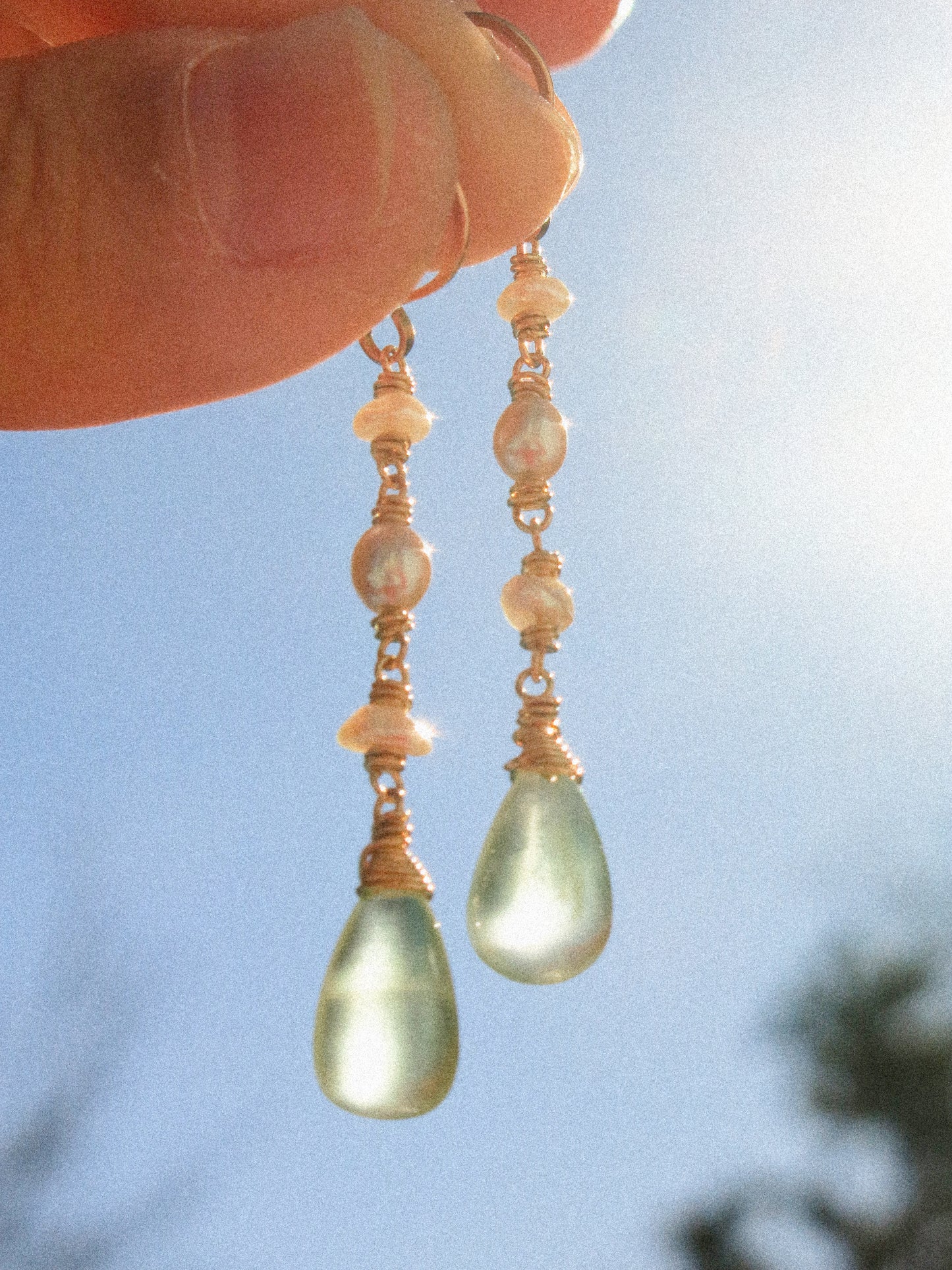 Prehnite and Petit Keshi Pearl Dangle Earrings in 14K Gold Fill