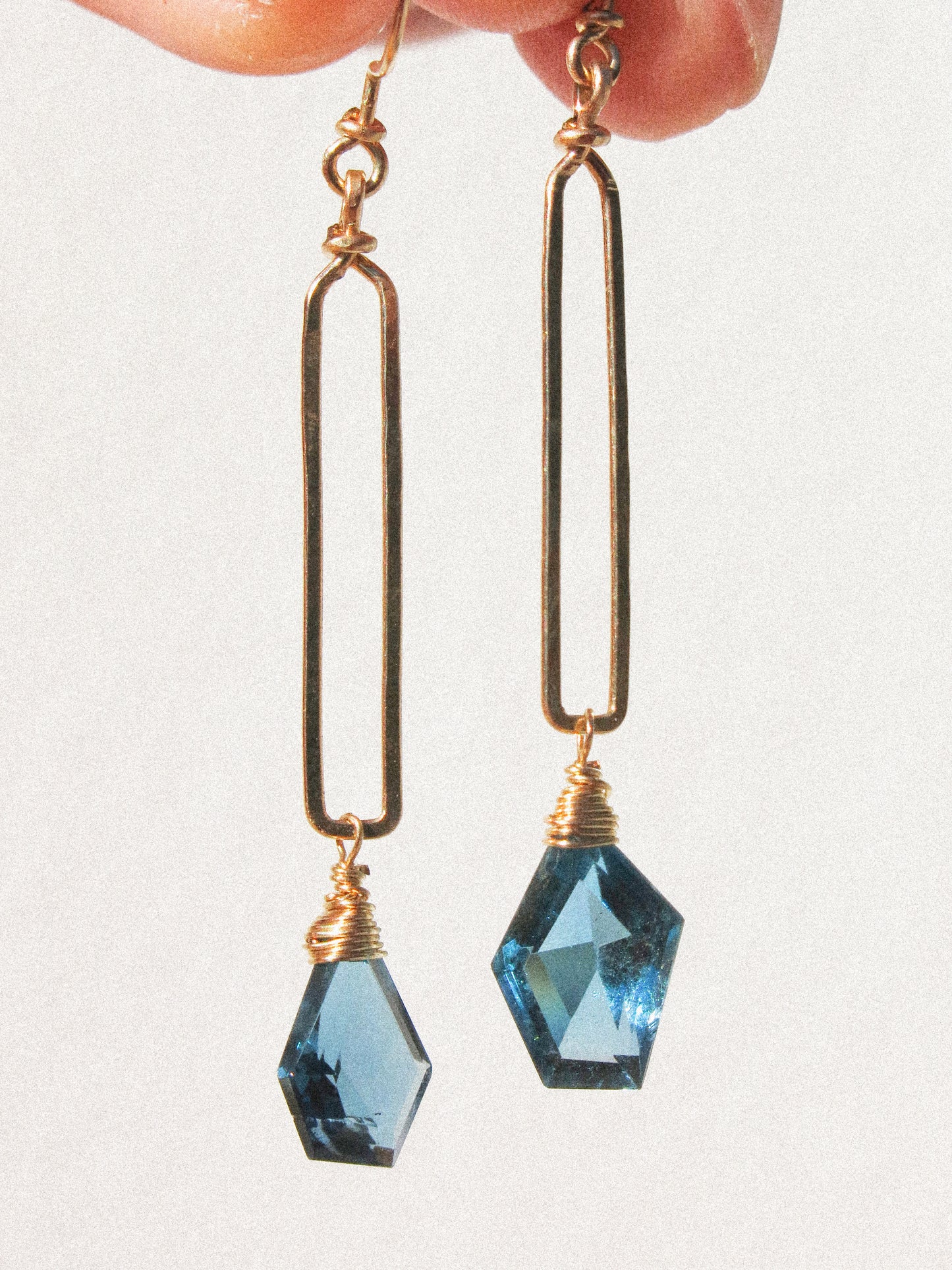 Geometric London Blue Topaz on Hammered Rectangle Frame Earrings