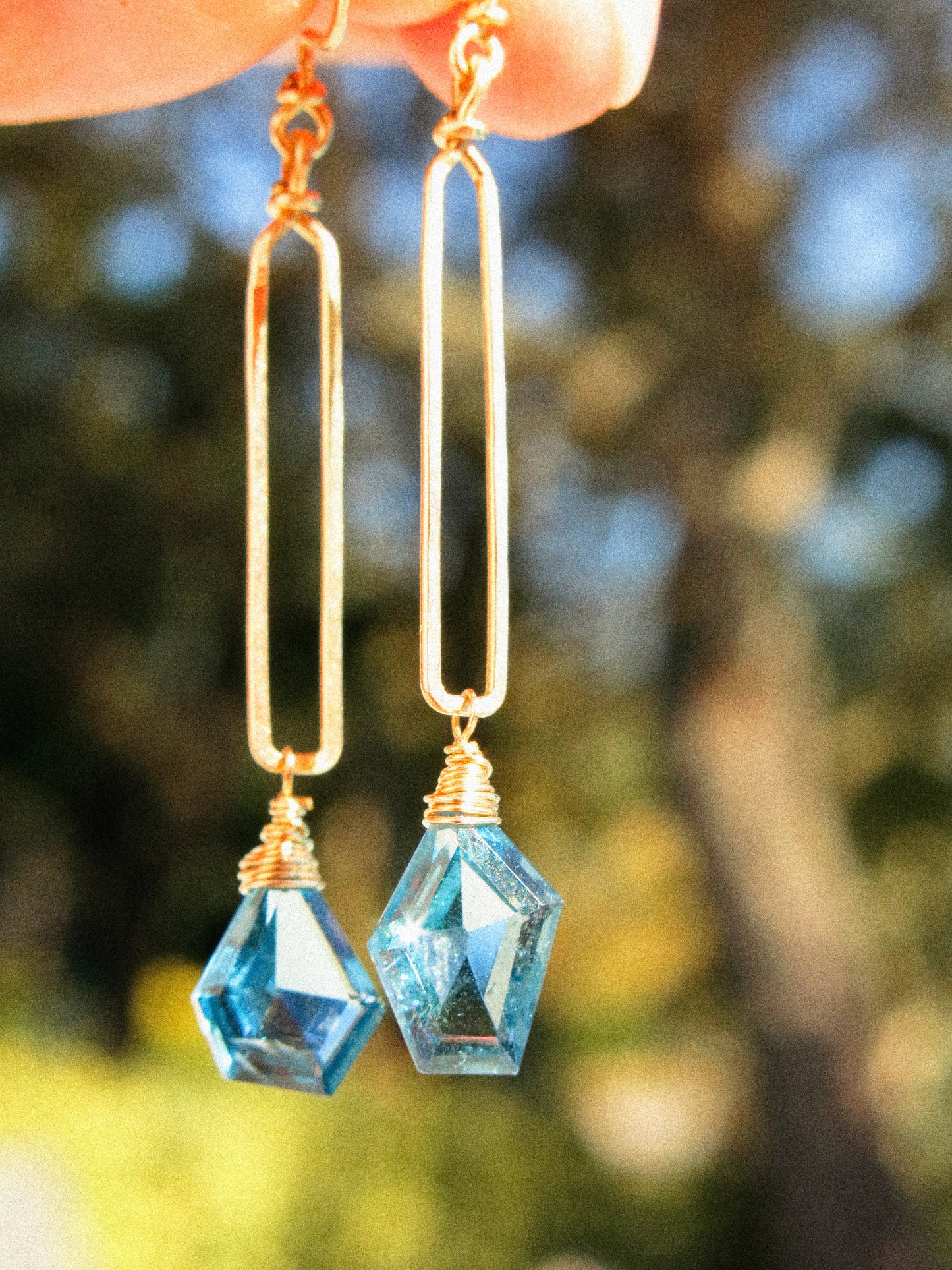 Geometric London Blue Topaz on Hammered Rectangle Frame Earrings