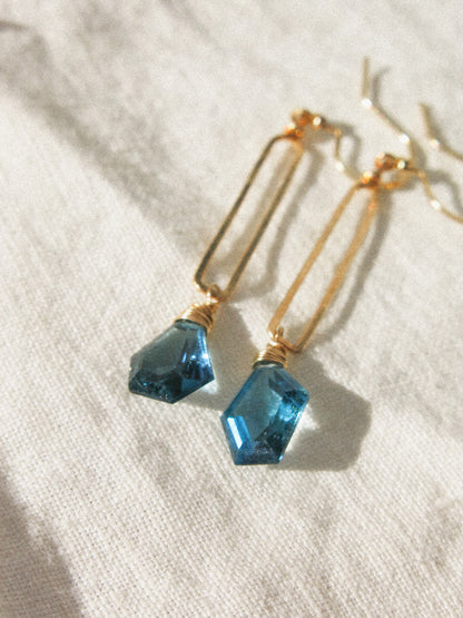 Geometric London Blue Topaz on Hammered Rectangle Frame Earrings