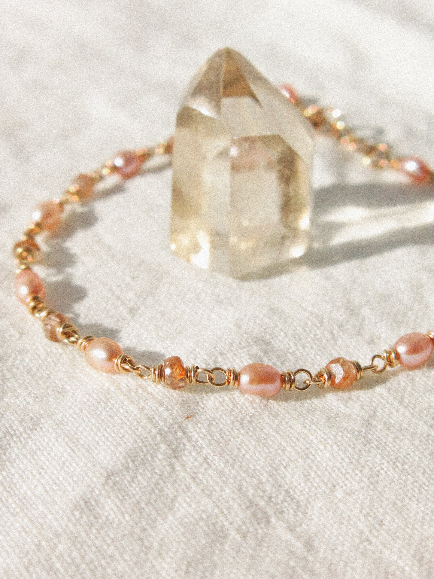 Pink Oval Pearl and Rose Champagne Zircon Delicate Bracelet