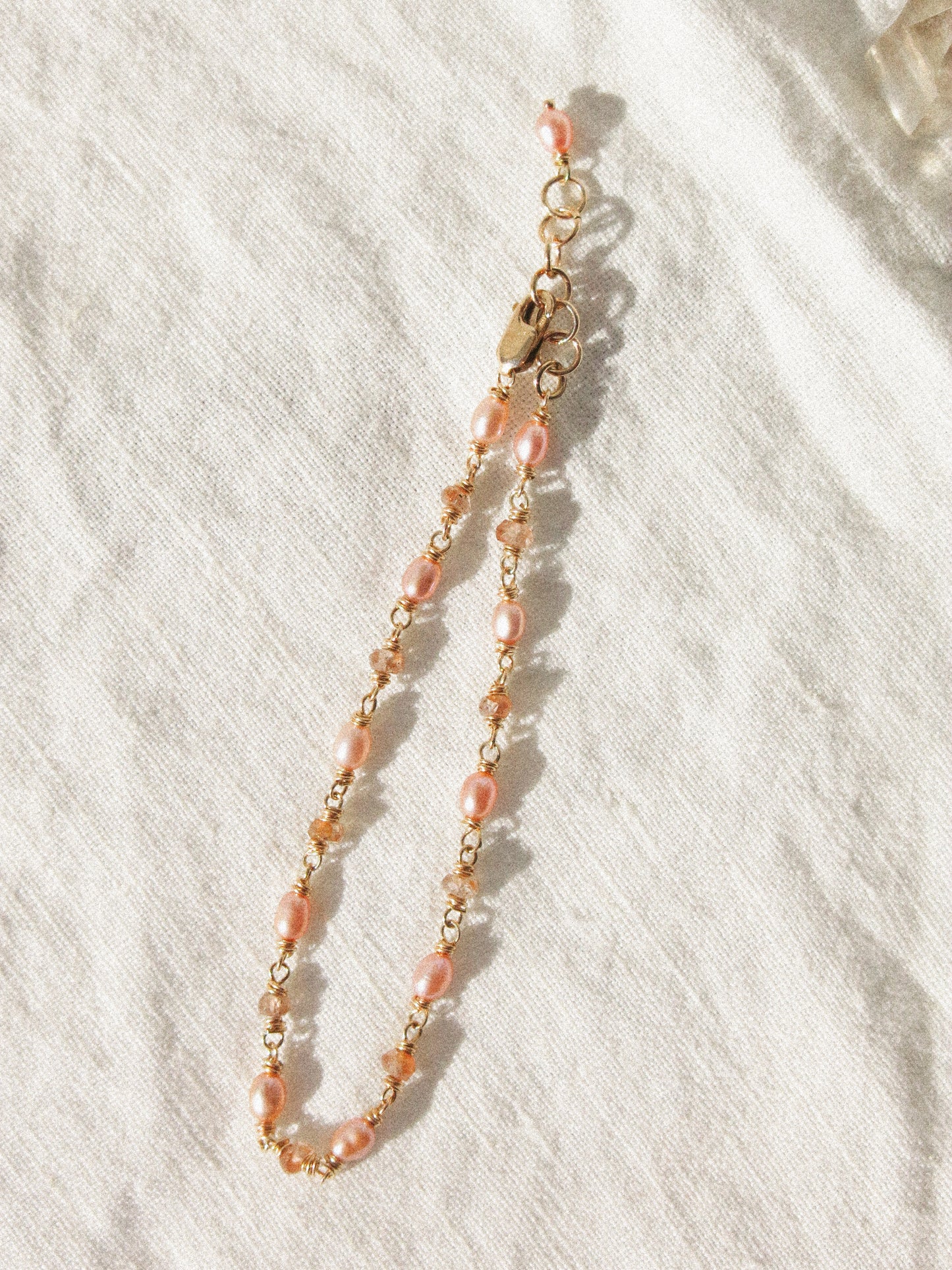 Pink Oval Pearl and Rose Champagne Zircon Delicate Bracelet