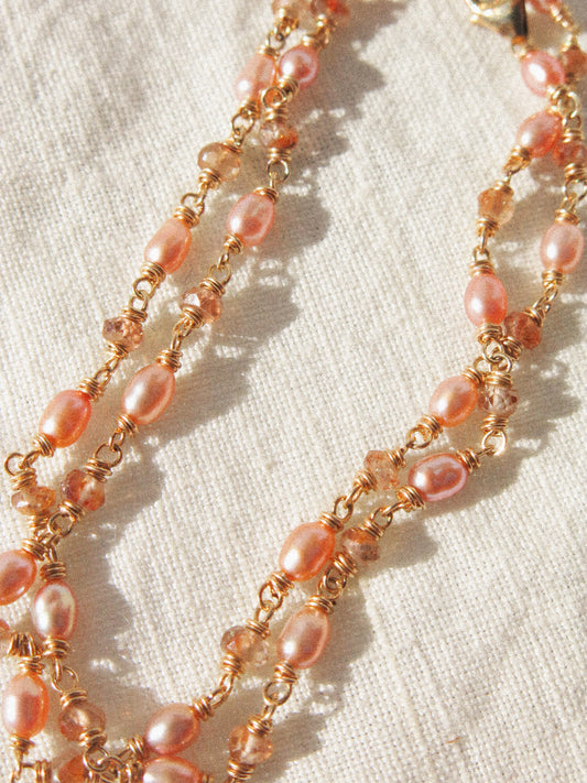 Pink Oval Pearl and Rose Champagne Zircon Delicate Choker Necklace