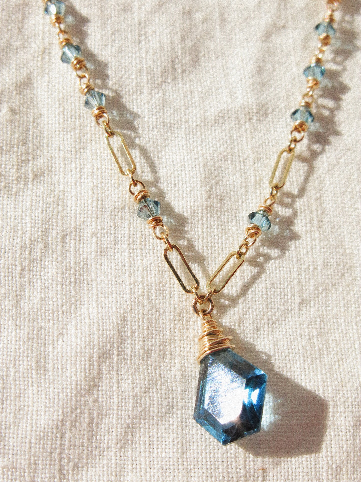Geometric London Blue Topaz Necklace with Ombré Swarovski and Satin Gold Fill Bead Delicate Chain