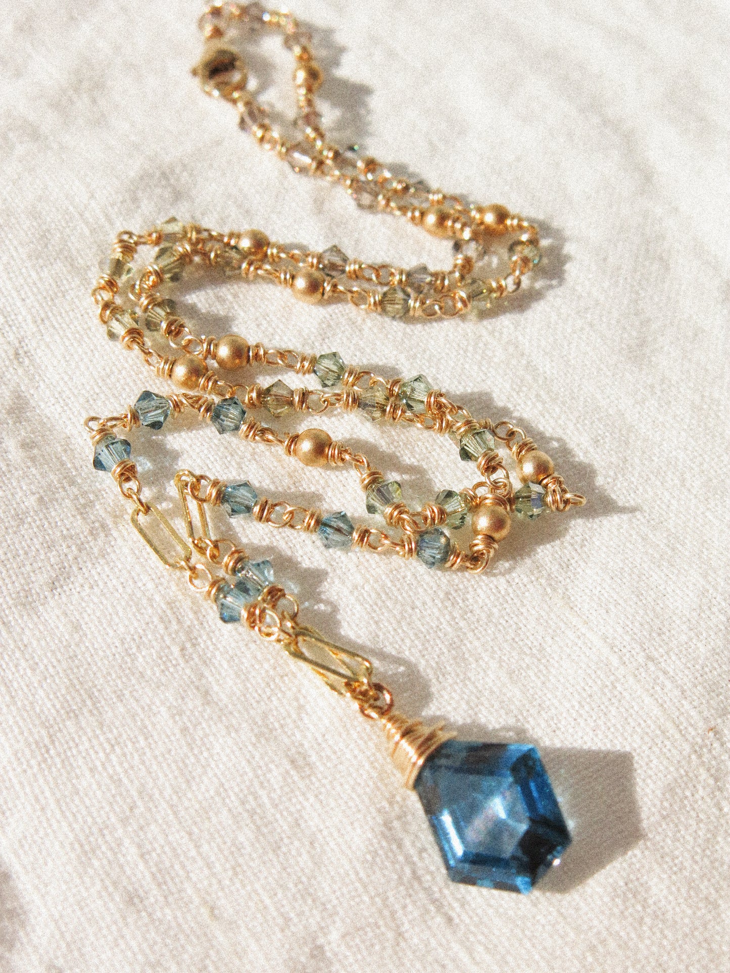 Geometric London Blue Topaz Necklace with Ombré Swarovski and Satin Gold Fill Bead Delicate Chain
