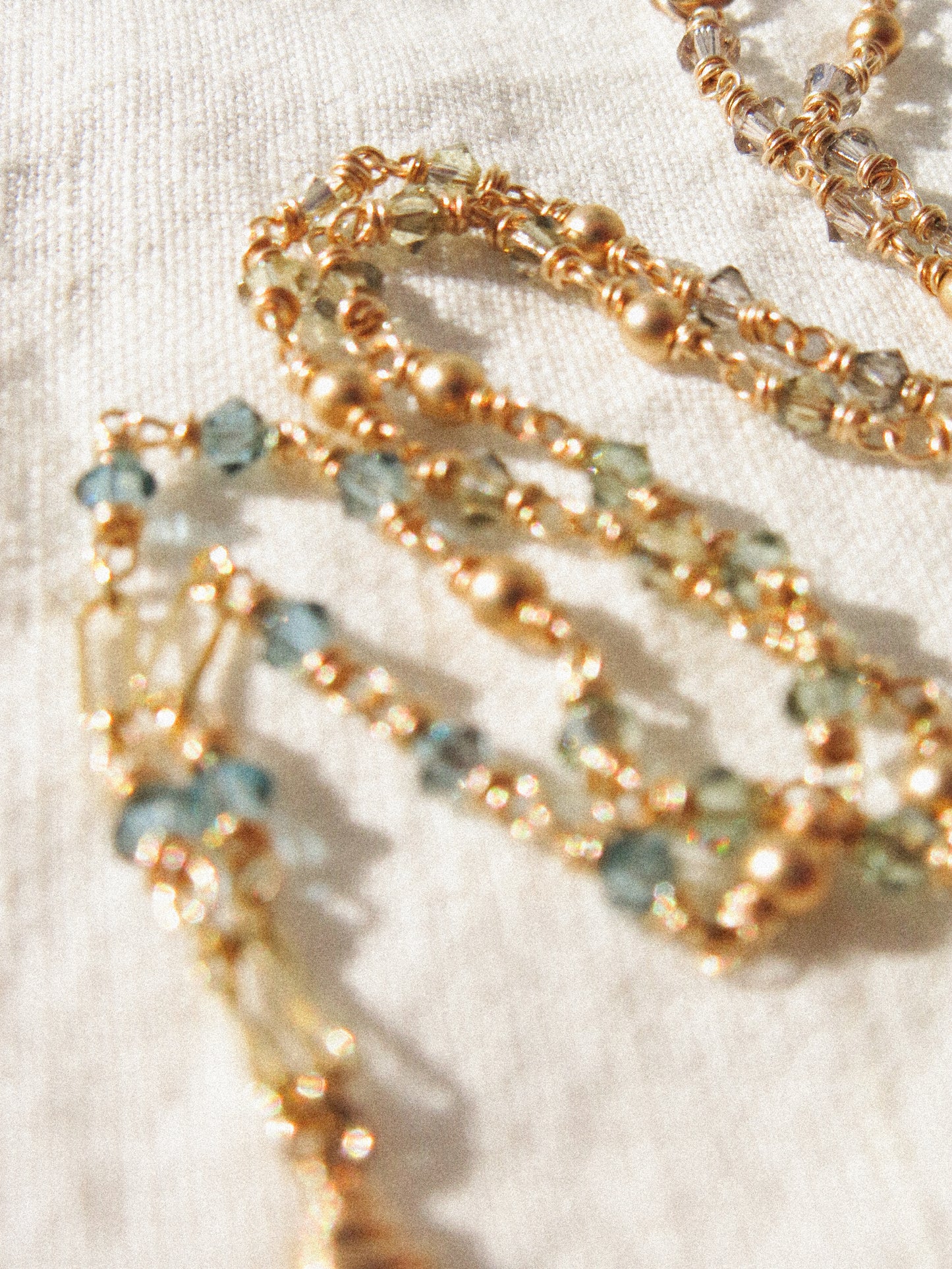 Geometric London Blue Topaz Necklace with Ombré Swarovski and Satin Gold Fill Bead Delicate Chain
