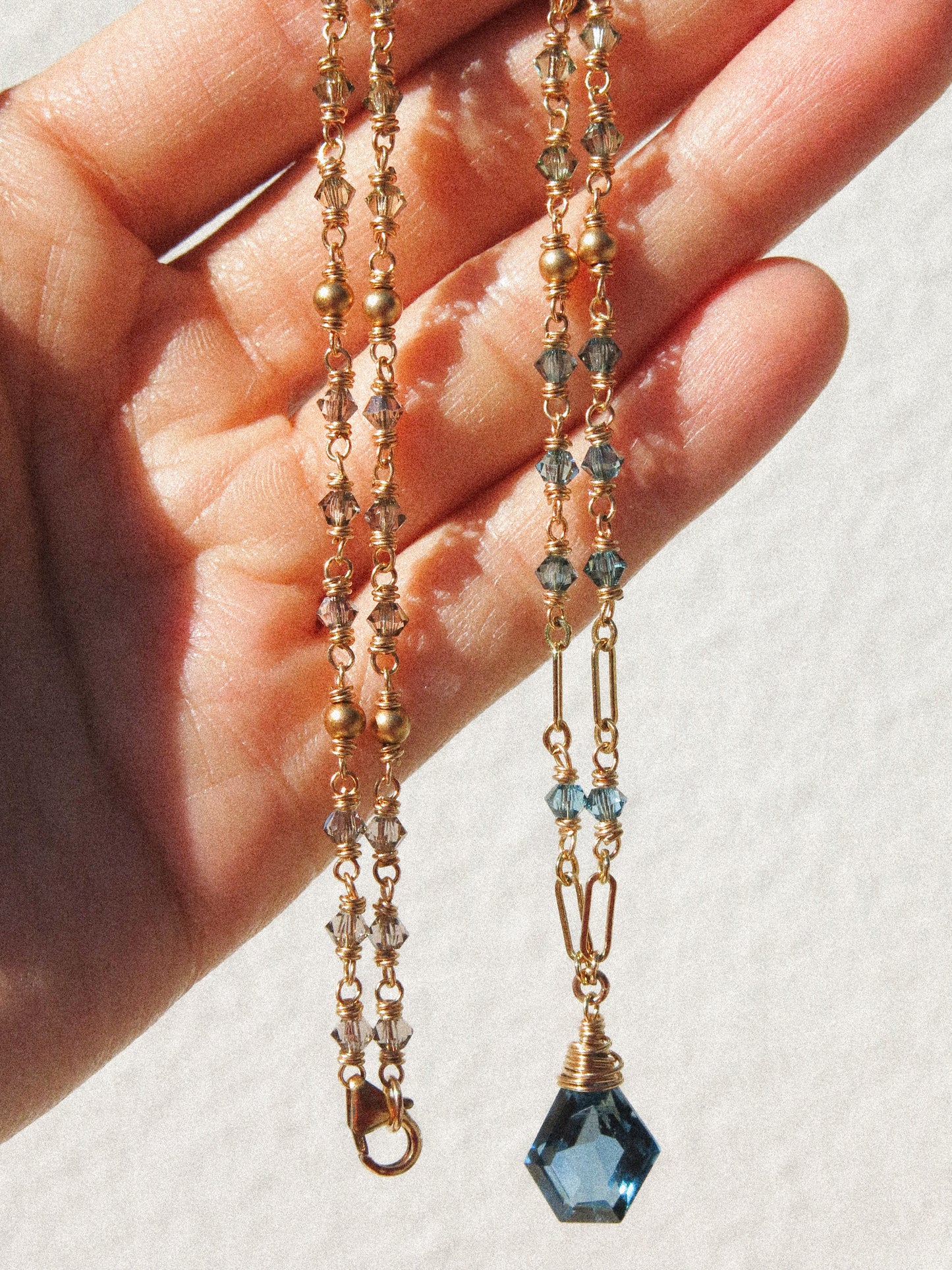 Geometric London Blue Topaz Necklace with Ombré Swarovski and Satin Gold Fill Bead Delicate Chain