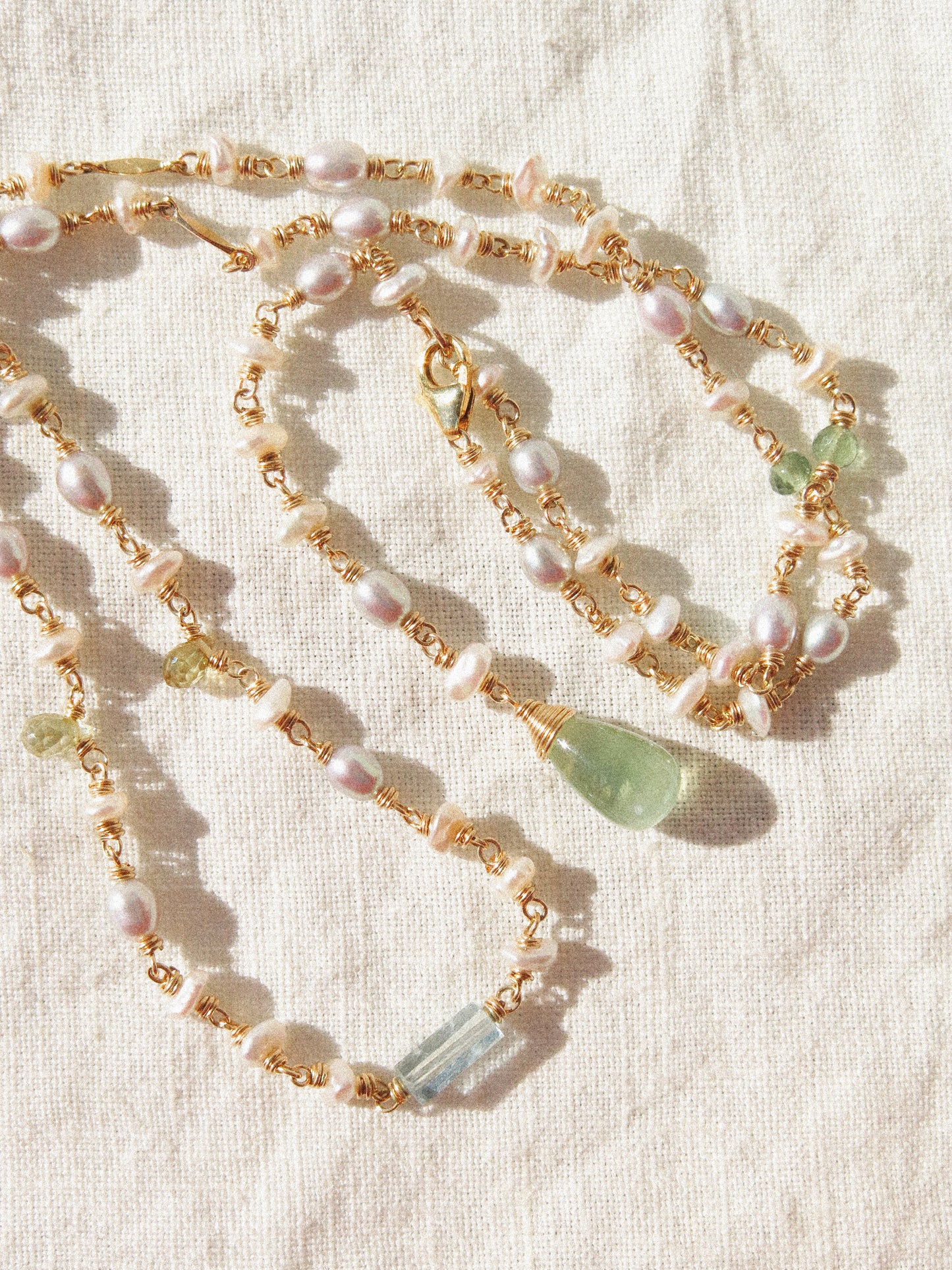 Multi-Gemstone 4-way Delicate Necklace with Prehnite, Pearl, Aquamarine, and Zircon