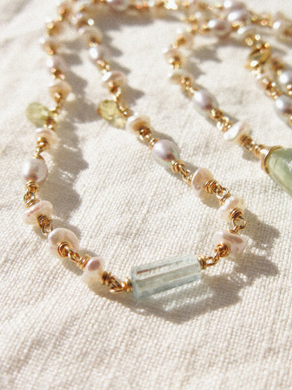 Multi-Gemstone 4-way Delicate Necklace with Prehnite, Pearl, Aquamarine, and Zircon