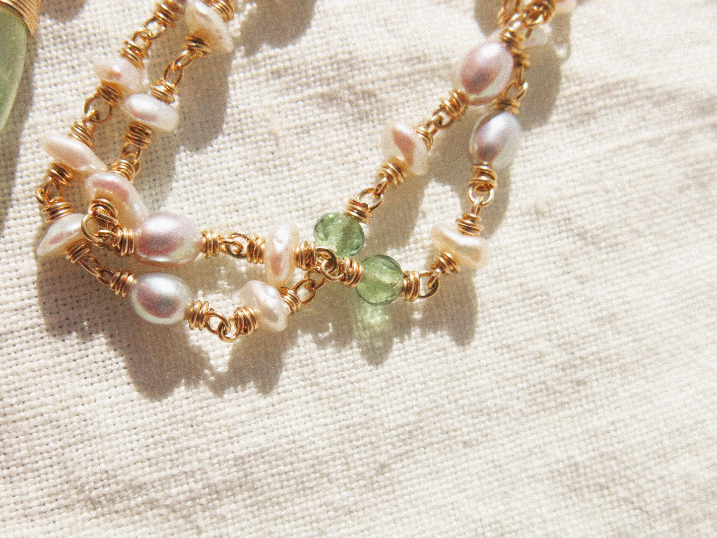 Multi-Gemstone 4-way Delicate Necklace with Prehnite, Pearl, Aquamarine, and Zircon