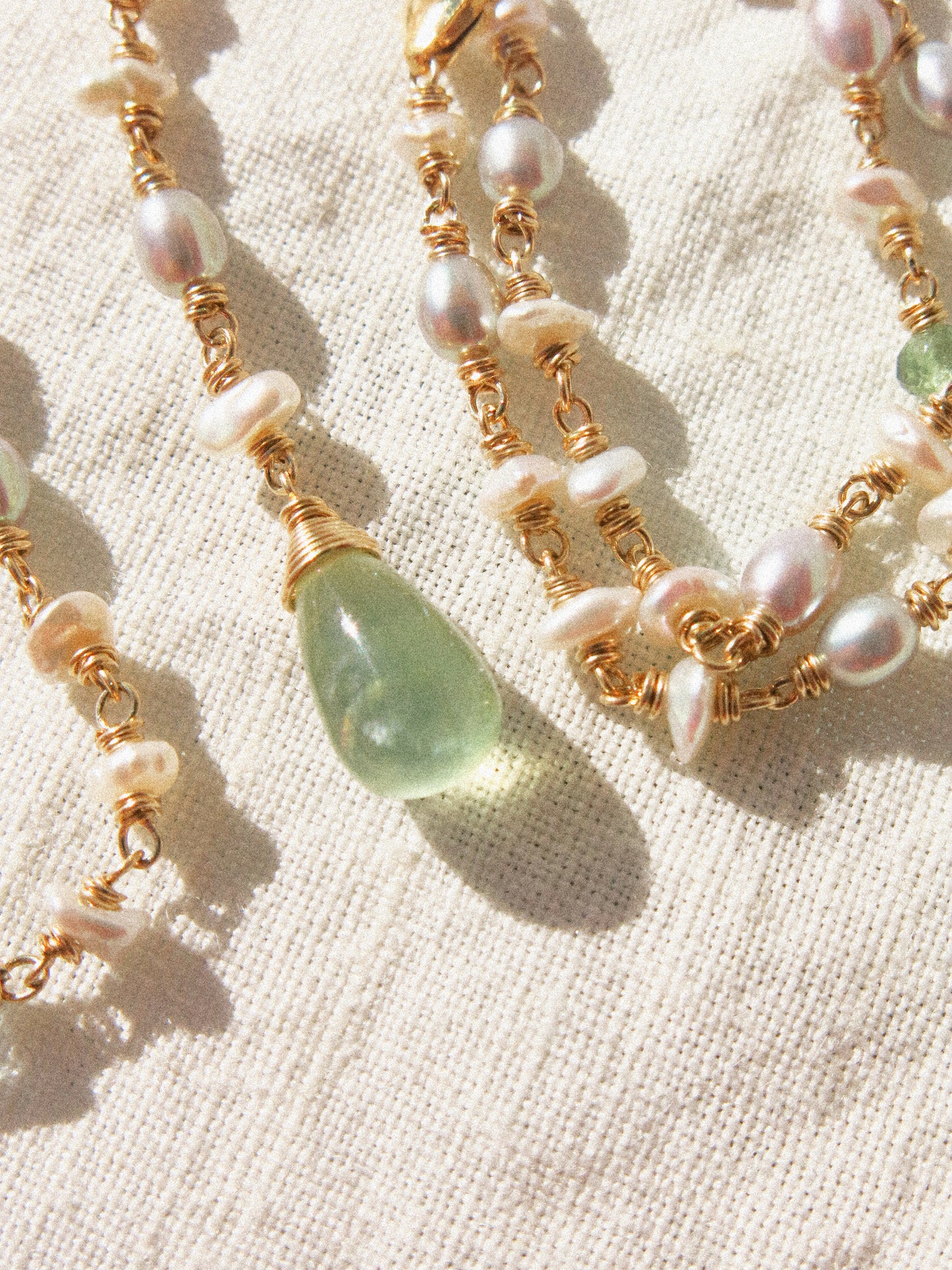 Multi-Gemstone 4-way Delicate Necklace with Prehnite, Pearl, Aquamarine, and Zircon