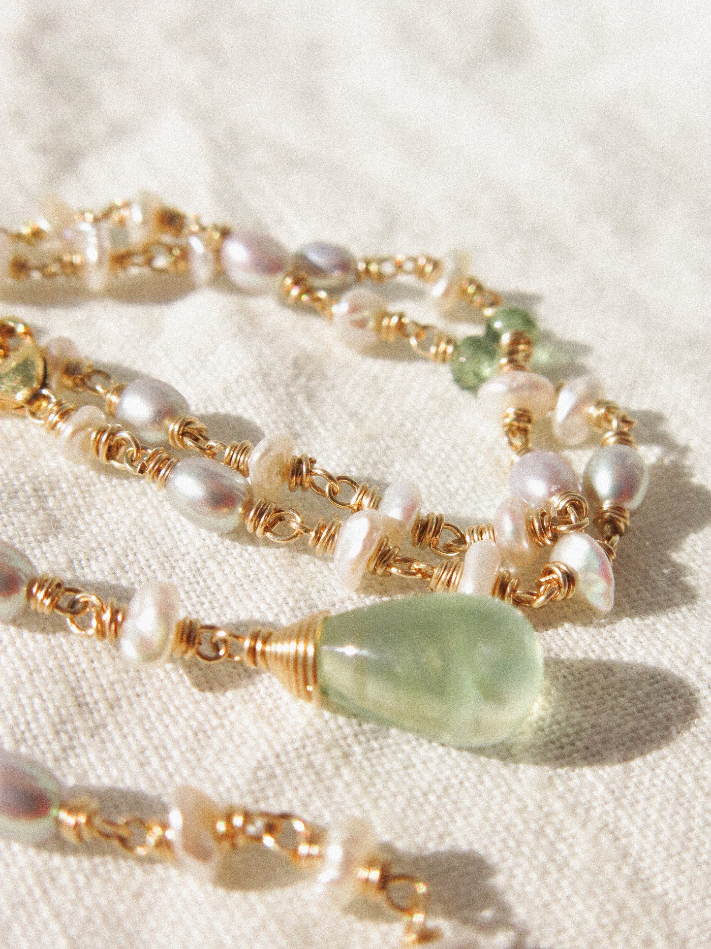Multi-Gemstone 4-way Delicate Necklace with Prehnite, Pearl, Aquamarine, and Zircon
