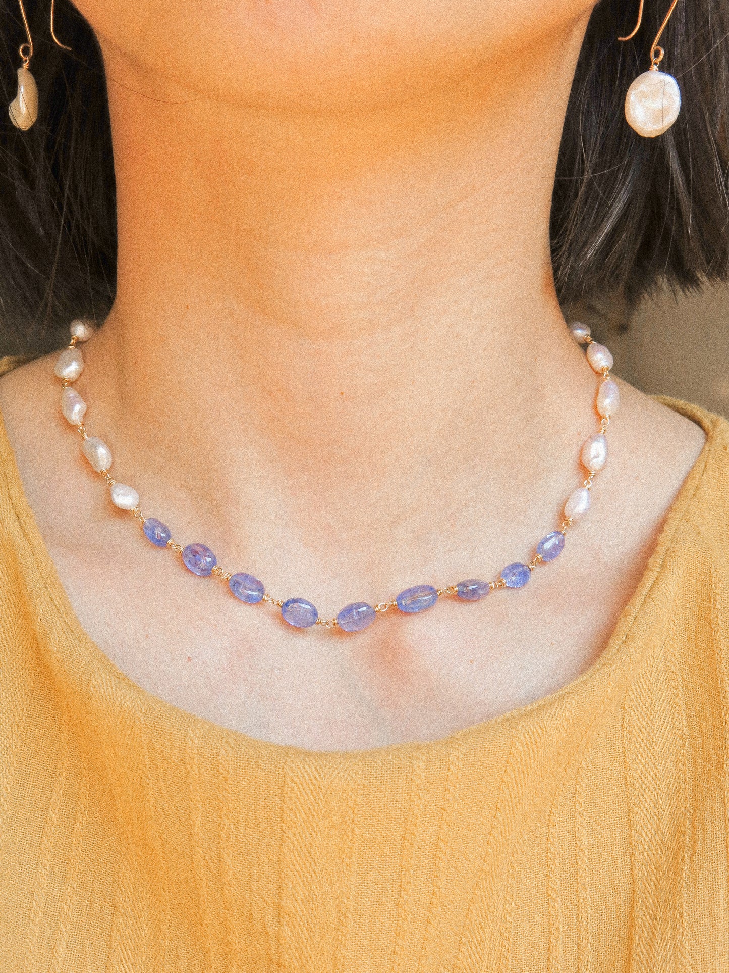 Organic White Keshi Pearl and Smooth Oval Tanzanite Delicate Choker Necklace