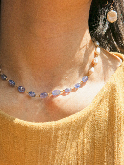 Organic White Keshi Pearl and Smooth Oval Tanzanite Delicate Choker Necklace