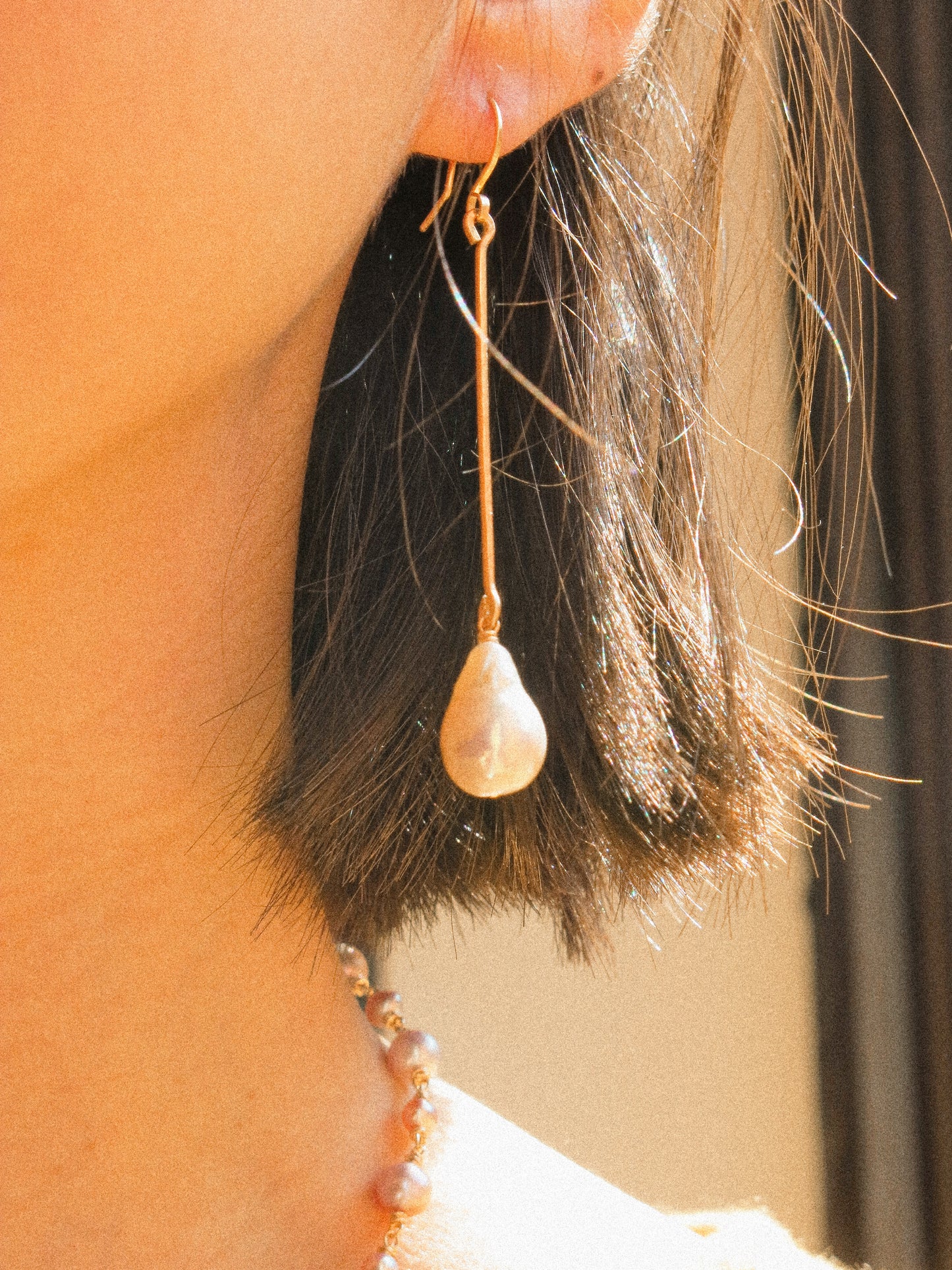 White Flameball Baroque Pearl Lantern Bar Earrings in 14K Gold Fill