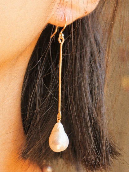 White Flameball Baroque Pearl Lantern Bar Earrings in 14K Gold Fill