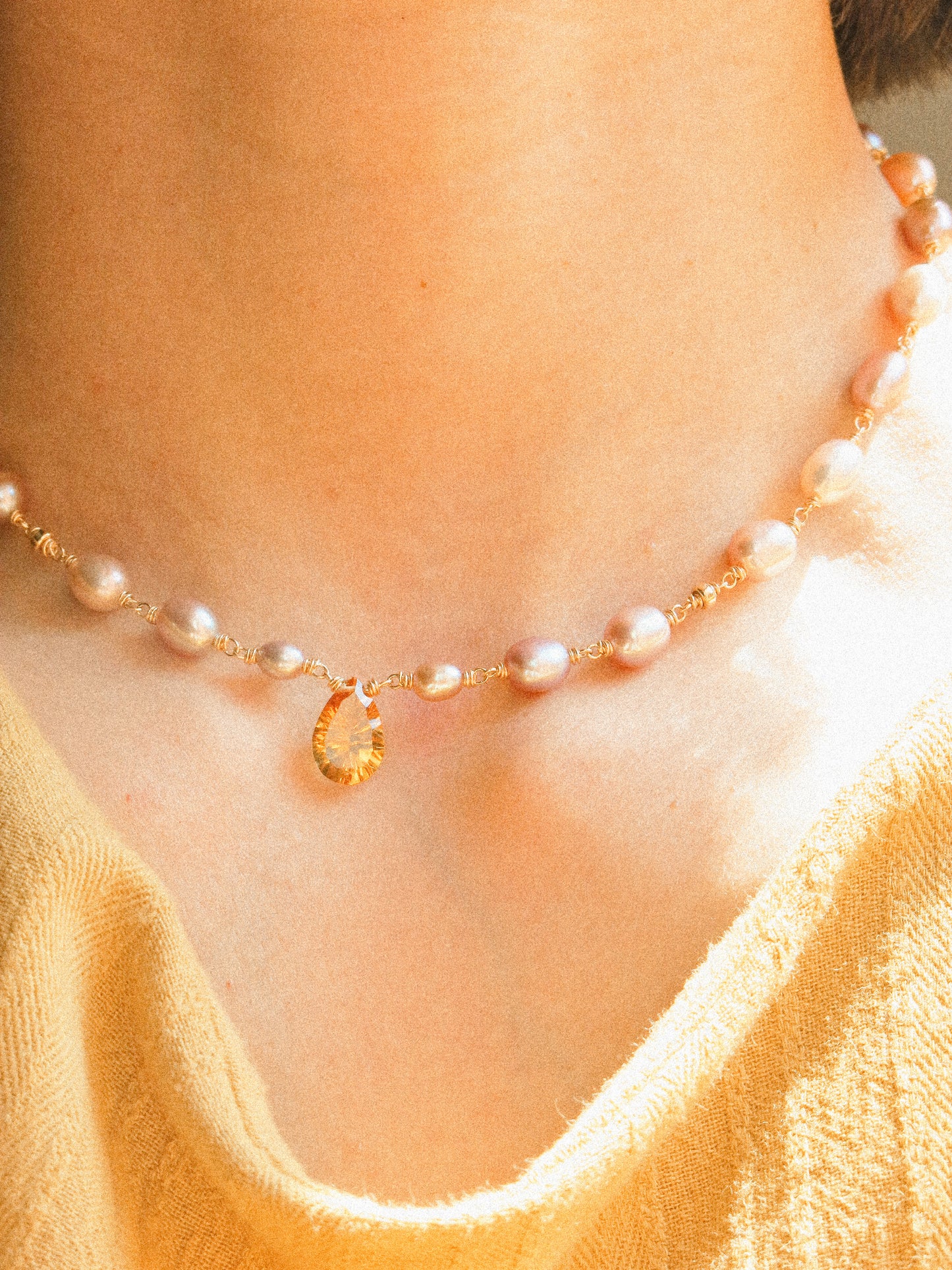 Rainbow Oval Pearl and Concave Cut Citrine Teardrop Delicate Choker Necklace in 14K Gold Fill