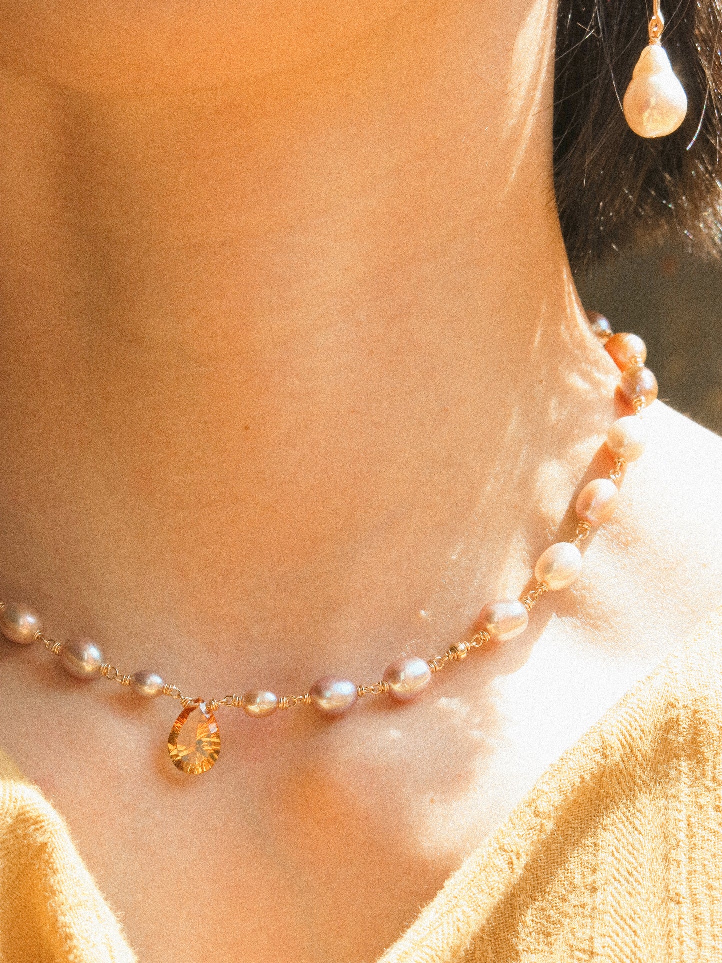 Rainbow Oval Pearl and Concave Cut Citrine Teardrop Delicate Choker Necklace in 14K Gold Fill