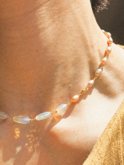 Rainbow Rice Pearl and Faceted Ethiopian Opal Nugget Delicate Choker Necklace