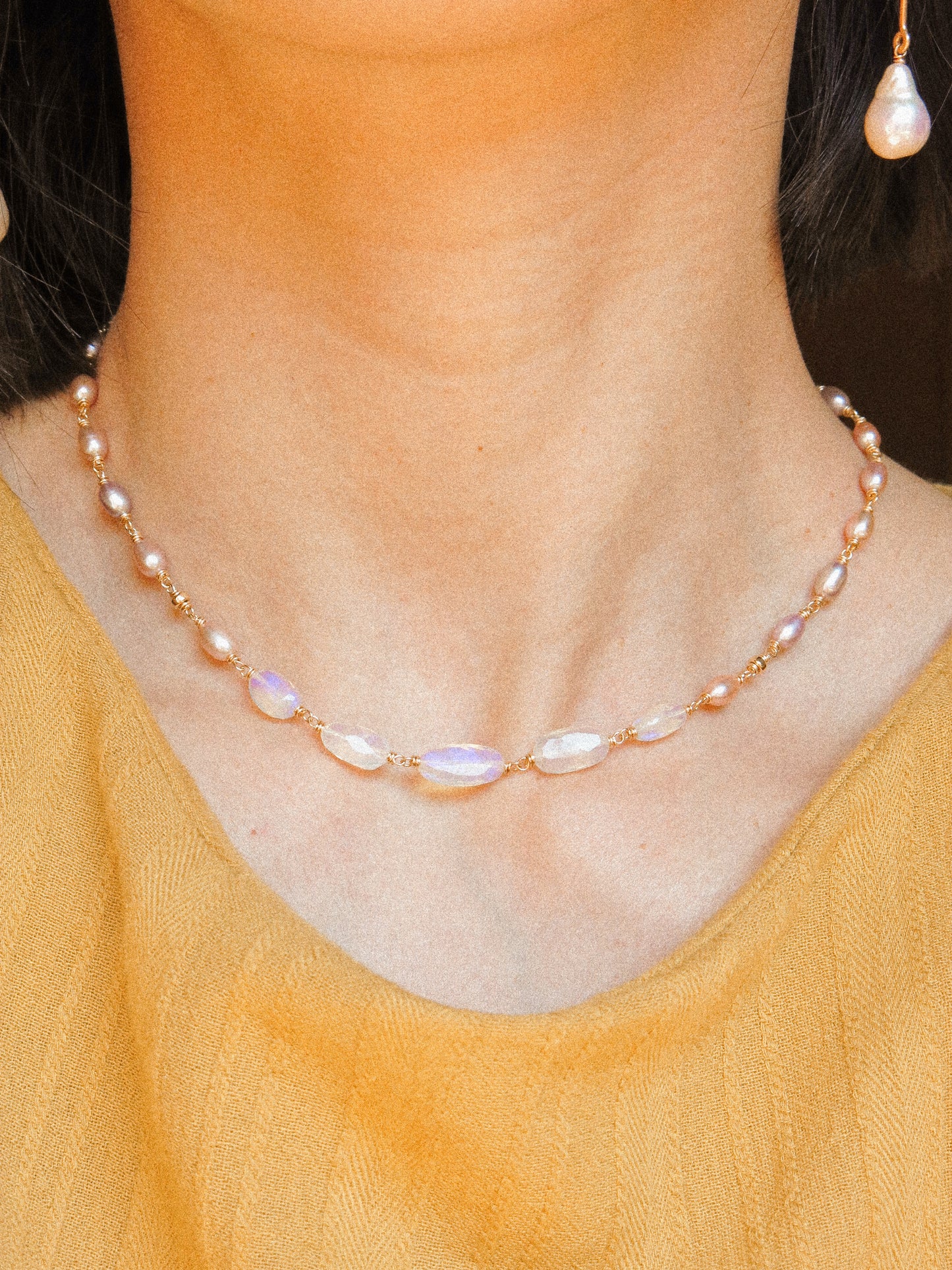 Rainbow Rice Pearl and Faceted Ethiopian Opal Nugget Delicate Choker Necklace