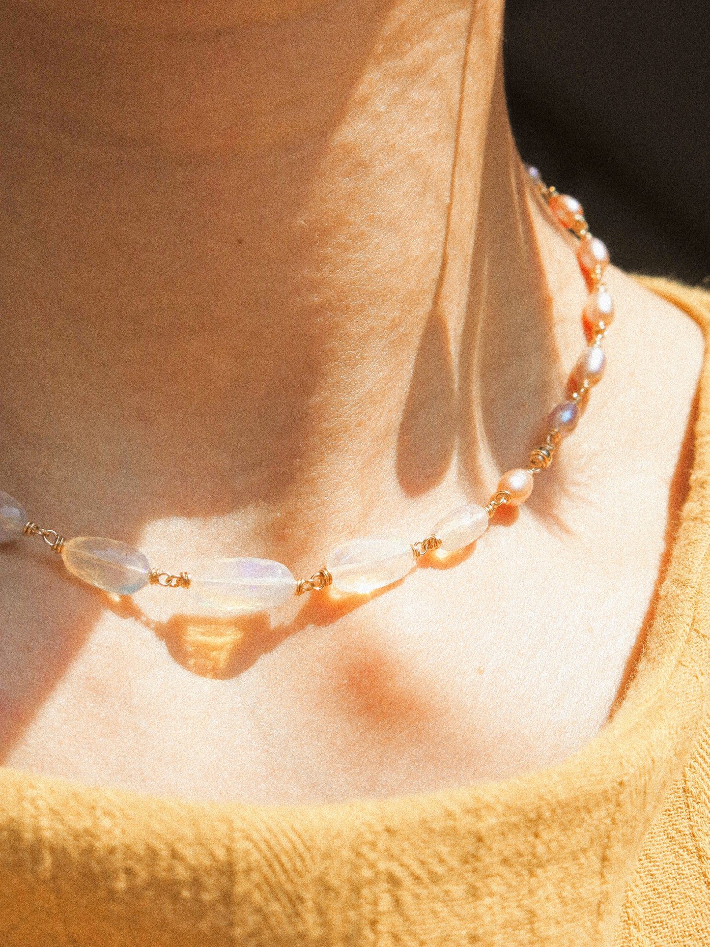 Rainbow Rice Pearl and Faceted Ethiopian Opal Nugget Delicate Choker Necklace