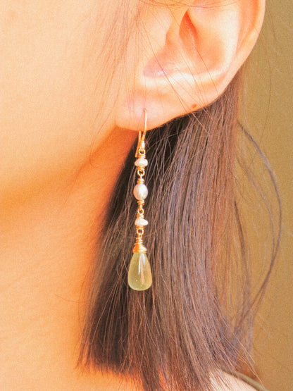 Prehnite and Petit Keshi Pearl Dangle Earrings in 14K Gold Fill