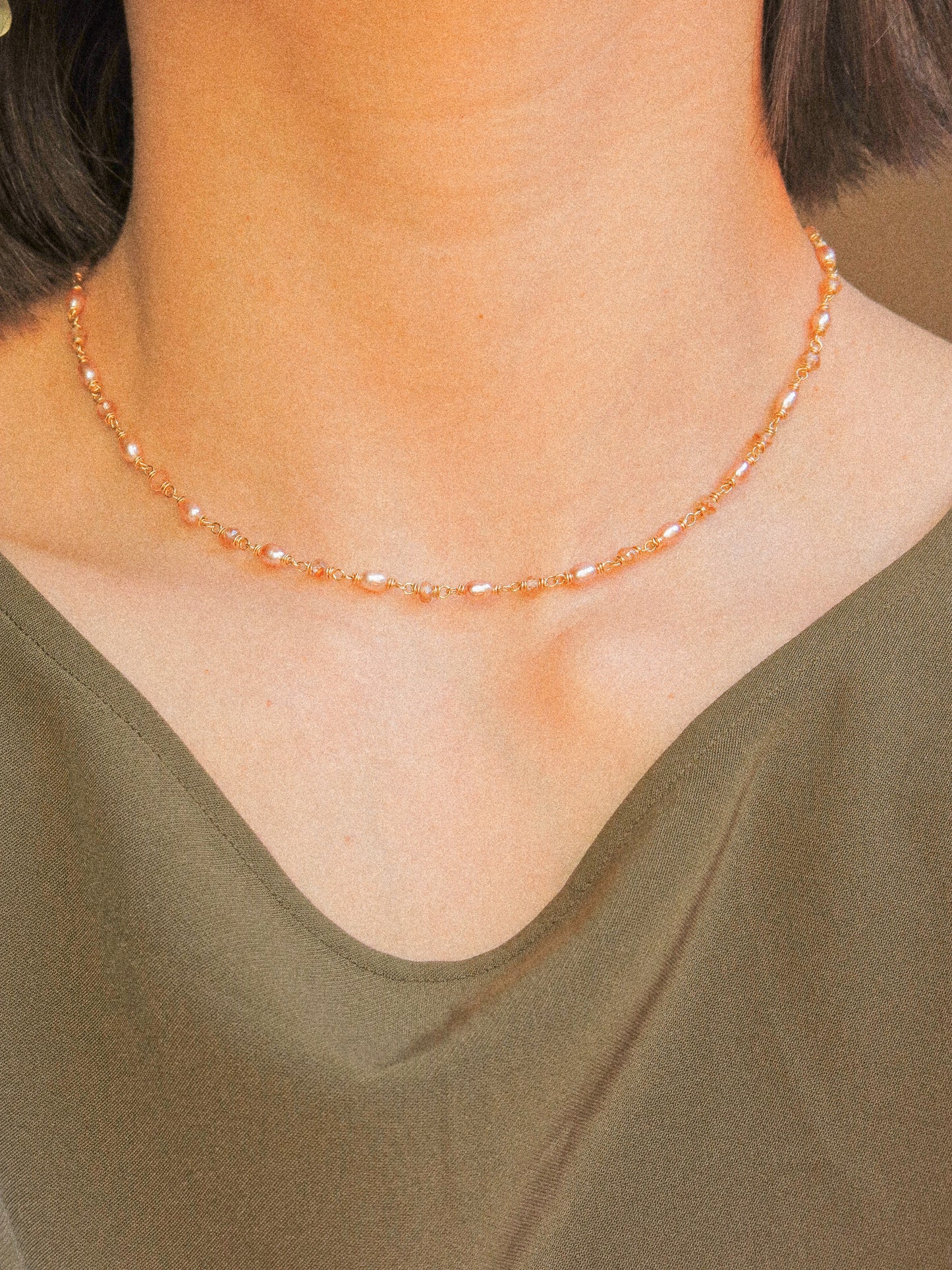 Pink Oval Pearl and Rose Champagne Zircon Delicate Choker Necklace
