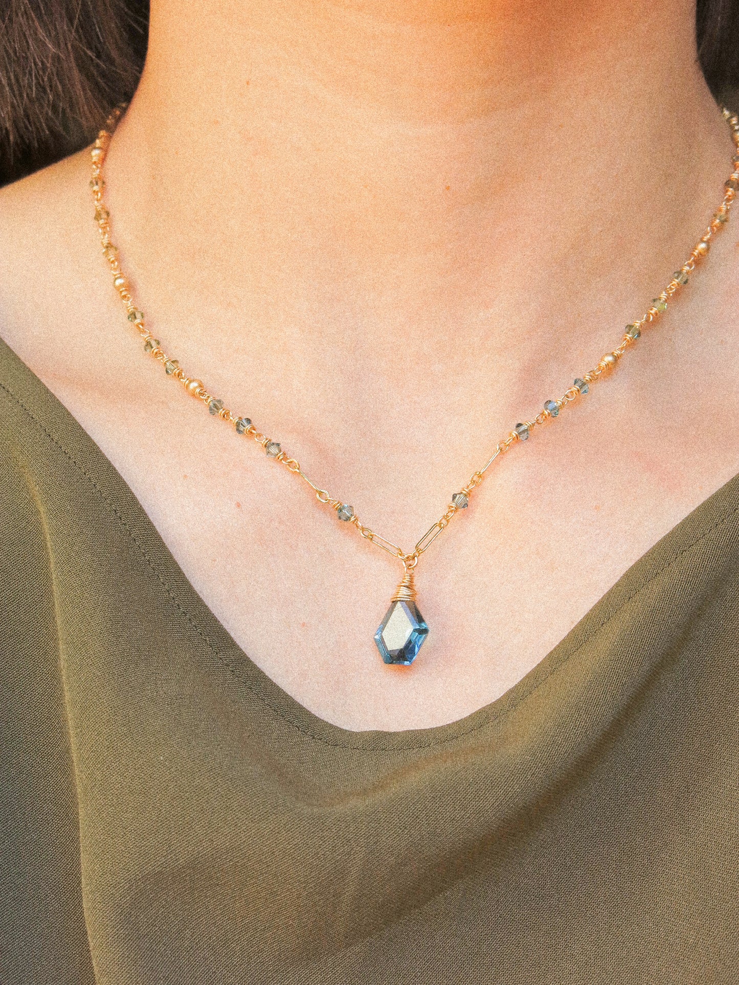 Geometric London Blue Topaz Necklace with Ombré Swarovski and Satin Gold Fill Bead Delicate Chain