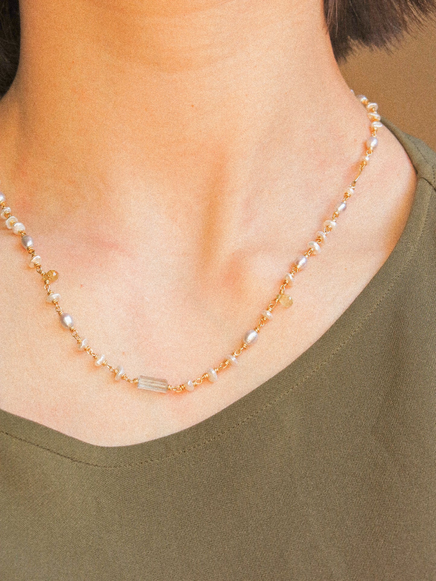 Multi-Gemstone 4-way Delicate Necklace with Prehnite, Pearl, Aquamarine, and Zircon