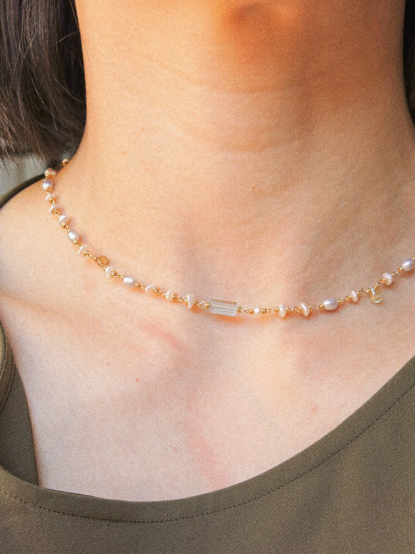 Multi-Gemstone 4-way Delicate Necklace with Prehnite, Pearl, Aquamarine, and Zircon