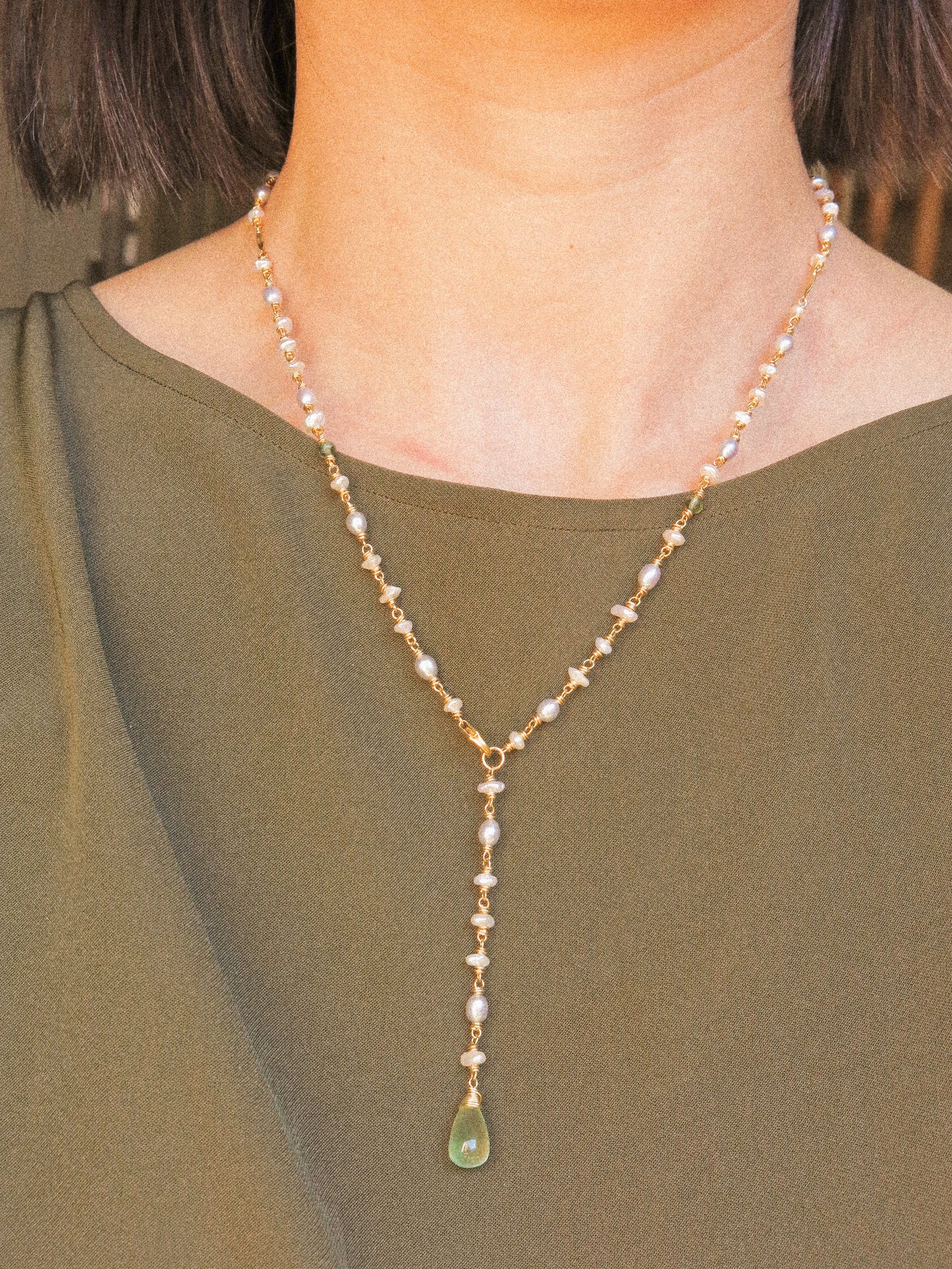 Multi-Gemstone 4-way Delicate Necklace with Prehnite, Pearl, Aquamarine, and Zircon