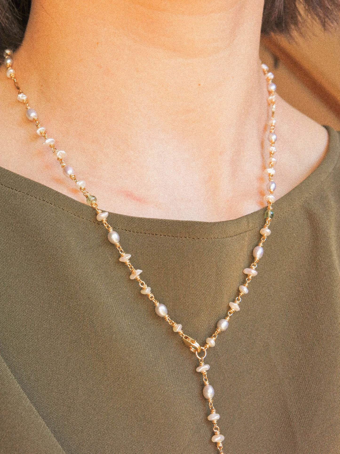Multi-Gemstone 4-way Delicate Necklace with Prehnite, Pearl, Aquamarine, and Zircon