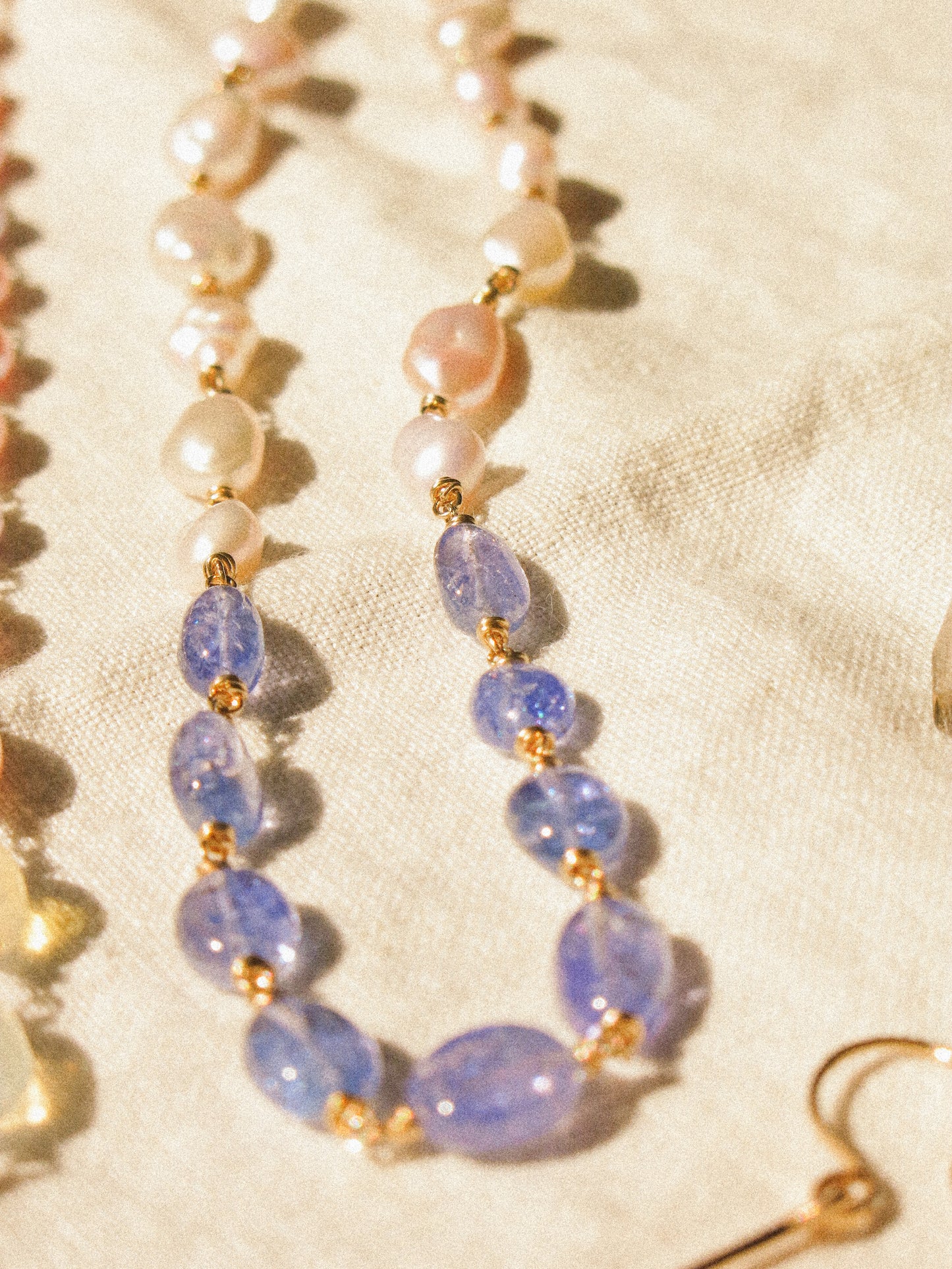 Organic White Keshi Pearl and Smooth Oval Tanzanite Delicate Choker Necklace