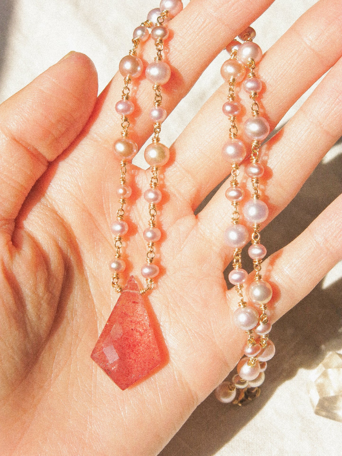 Peach and Mauve Round Pearl with Fancy Cut Strawberry Quartz Delicate Necklace