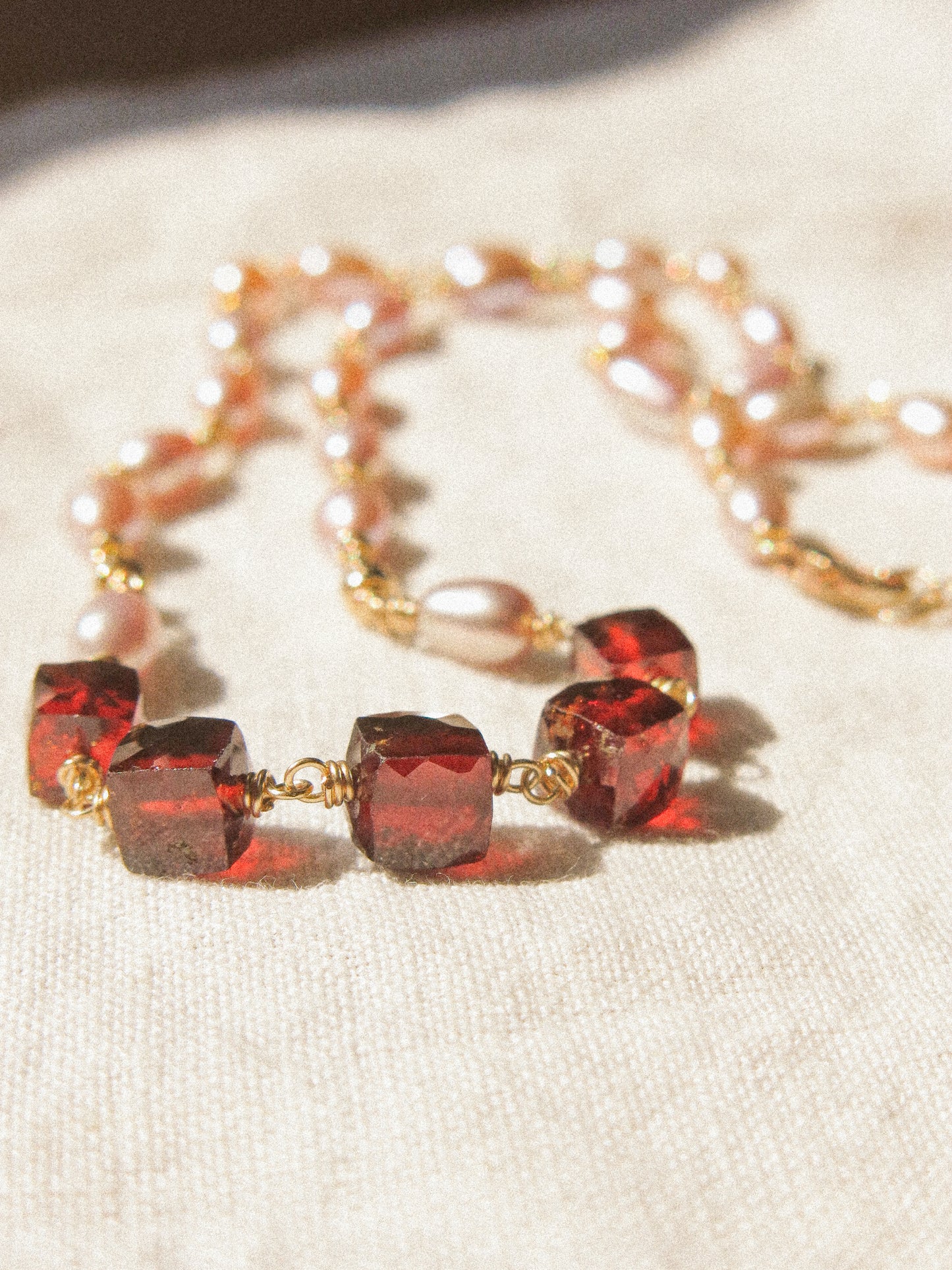 Rainbow Rice Pearl and Faceted Hessonite Garnet Cube Delicate Choker Necklace