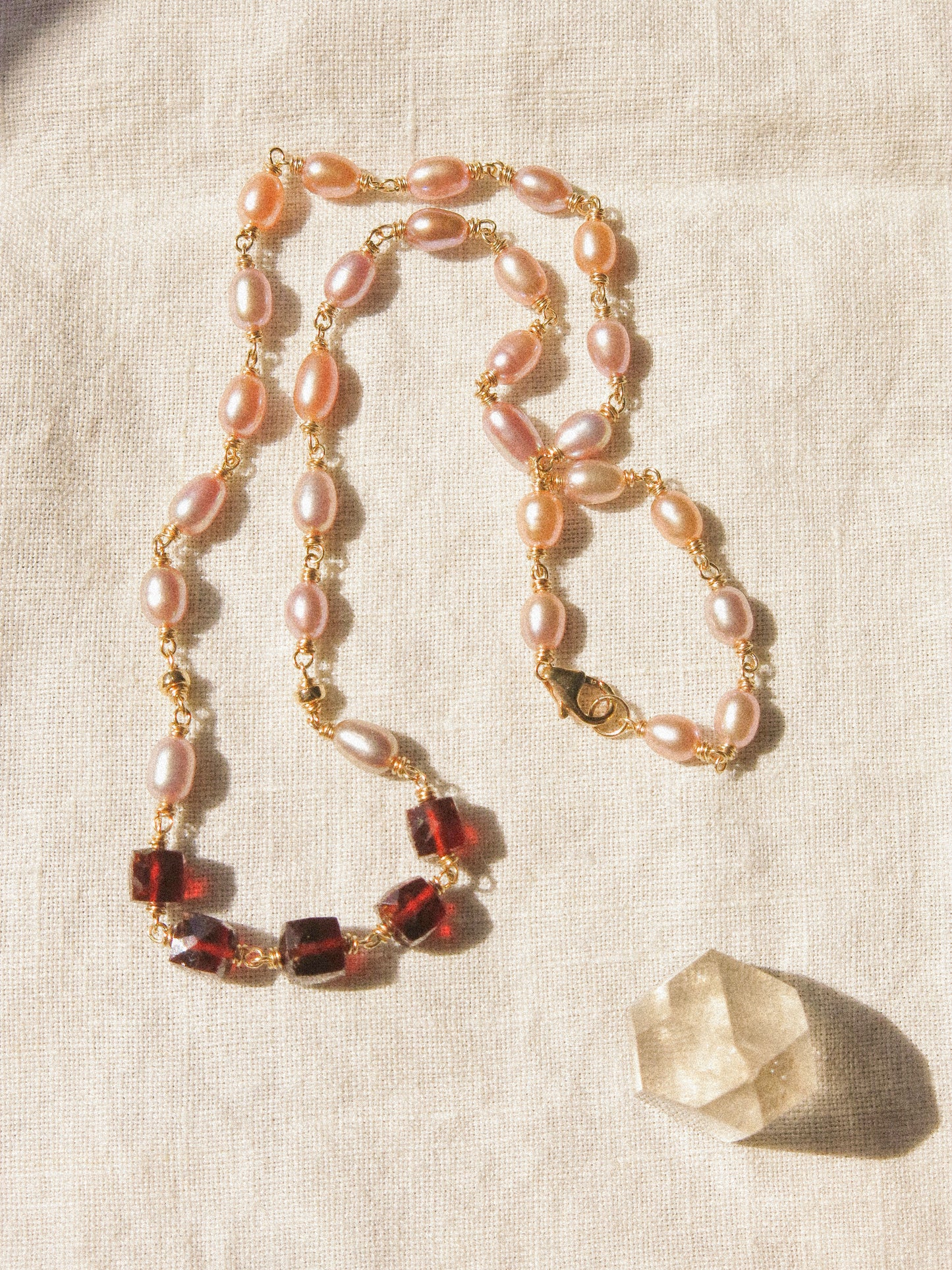 Rainbow Rice Pearl and Faceted Hessonite Garnet Cube Delicate Choker Necklace