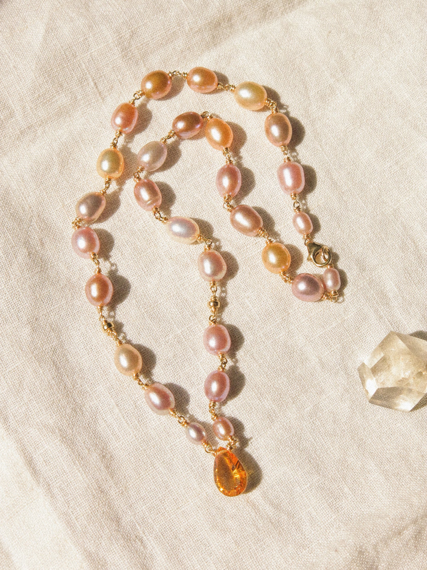 Rainbow Oval Pearl and Concave Cut Citrine Teardrop Delicate Choker Necklace in 14K Gold Fill