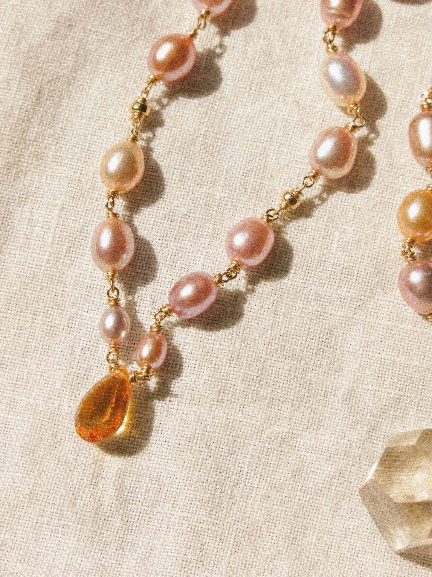 Rainbow Oval Pearl and Concave Cut Citrine Teardrop Delicate Choker Necklace in 14K Gold Fill