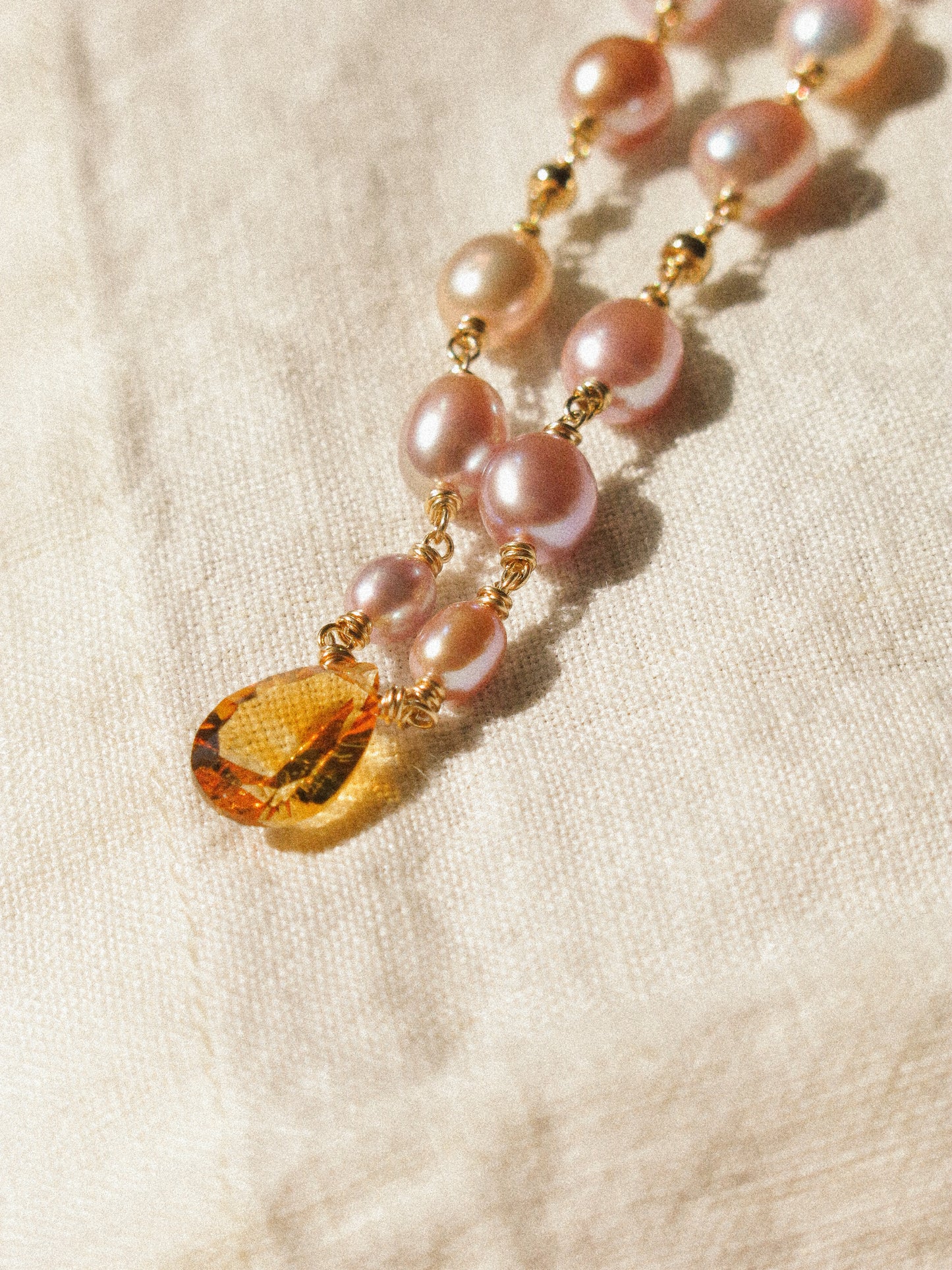 Rainbow Oval Pearl and Concave Cut Citrine Teardrop Delicate Choker Necklace in 14K Gold Fill