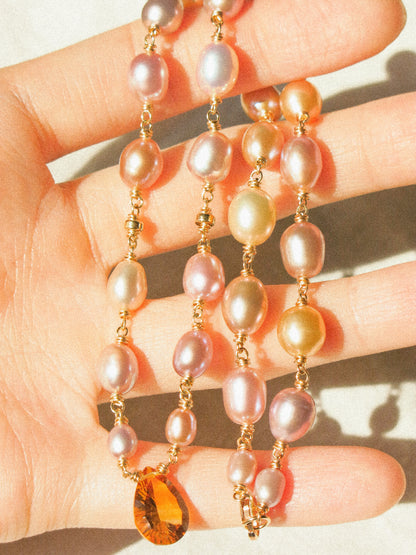 Rainbow Oval Pearl and Concave Cut Citrine Teardrop Delicate Choker Necklace in 14K Gold Fill