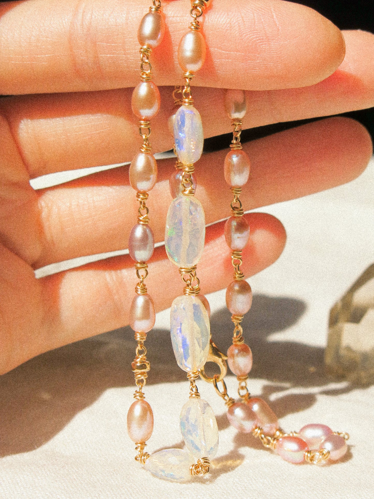 Rainbow Rice Pearl and Faceted Ethiopian Opal Nugget Delicate Choker Necklace