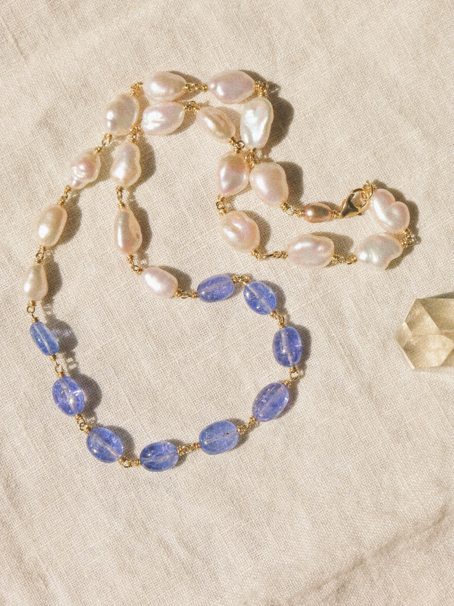 Organic White Keshi Pearl and Smooth Oval Tanzanite Delicate Choker Necklace