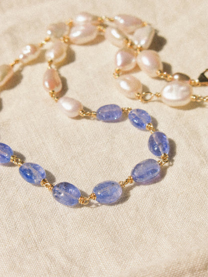 Organic White Keshi Pearl and Smooth Oval Tanzanite Delicate Choker Necklace