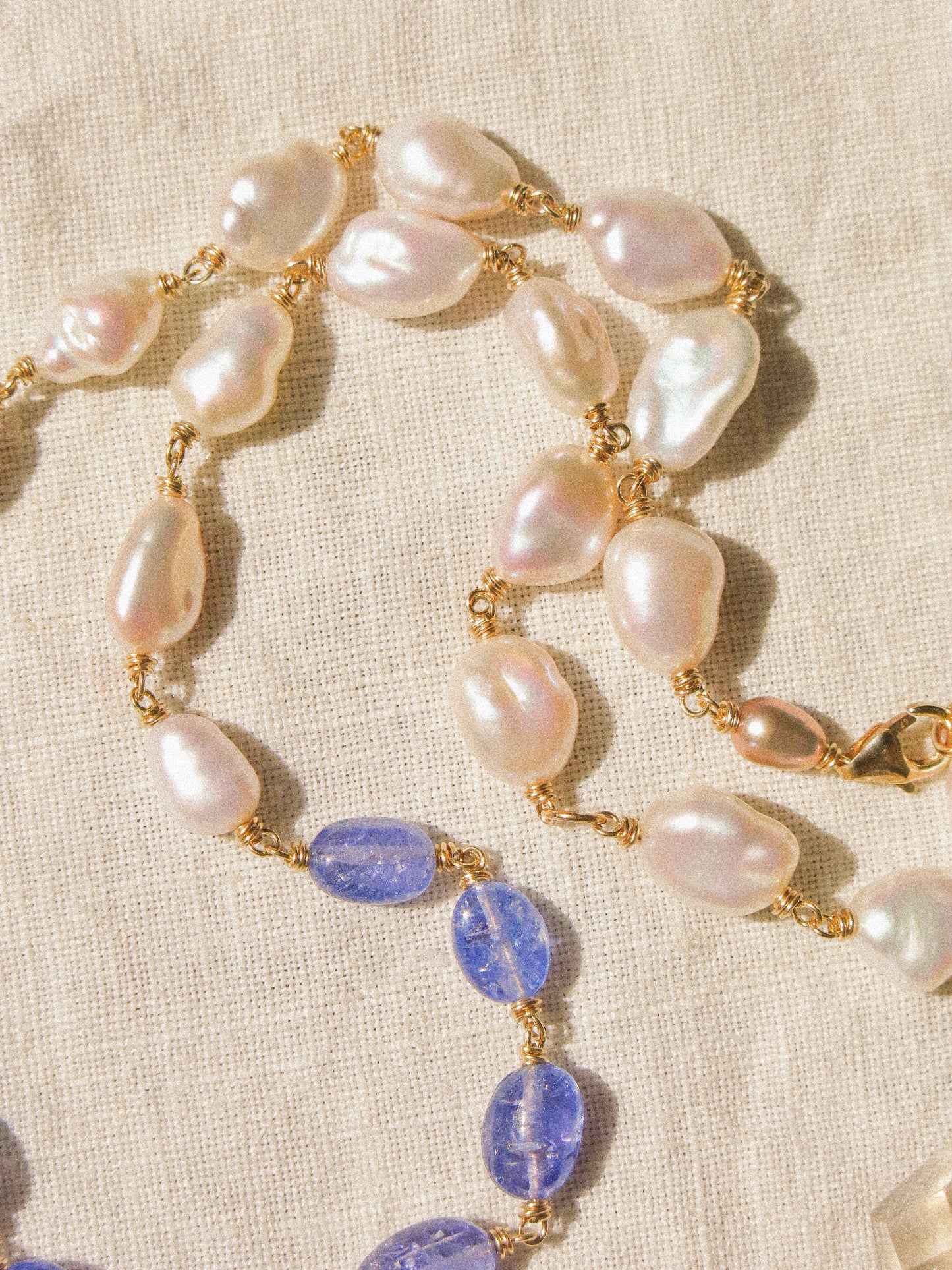 Organic White Keshi Pearl and Smooth Oval Tanzanite Delicate Choker Necklace