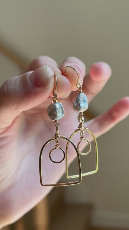 Silver Keshi Pearl and Hand-textured Window Frame Dangle Earrings in 14K Gold Fill, June Birthstone, Victorian-inspired Earrings, Bridal