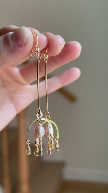 Lantern Bar Shoulder Dusters Earrings with Arc Chandelier, Mauve Pearl, and faceted Zircon Teardrops in 14K Gold Fill, December Birthstone