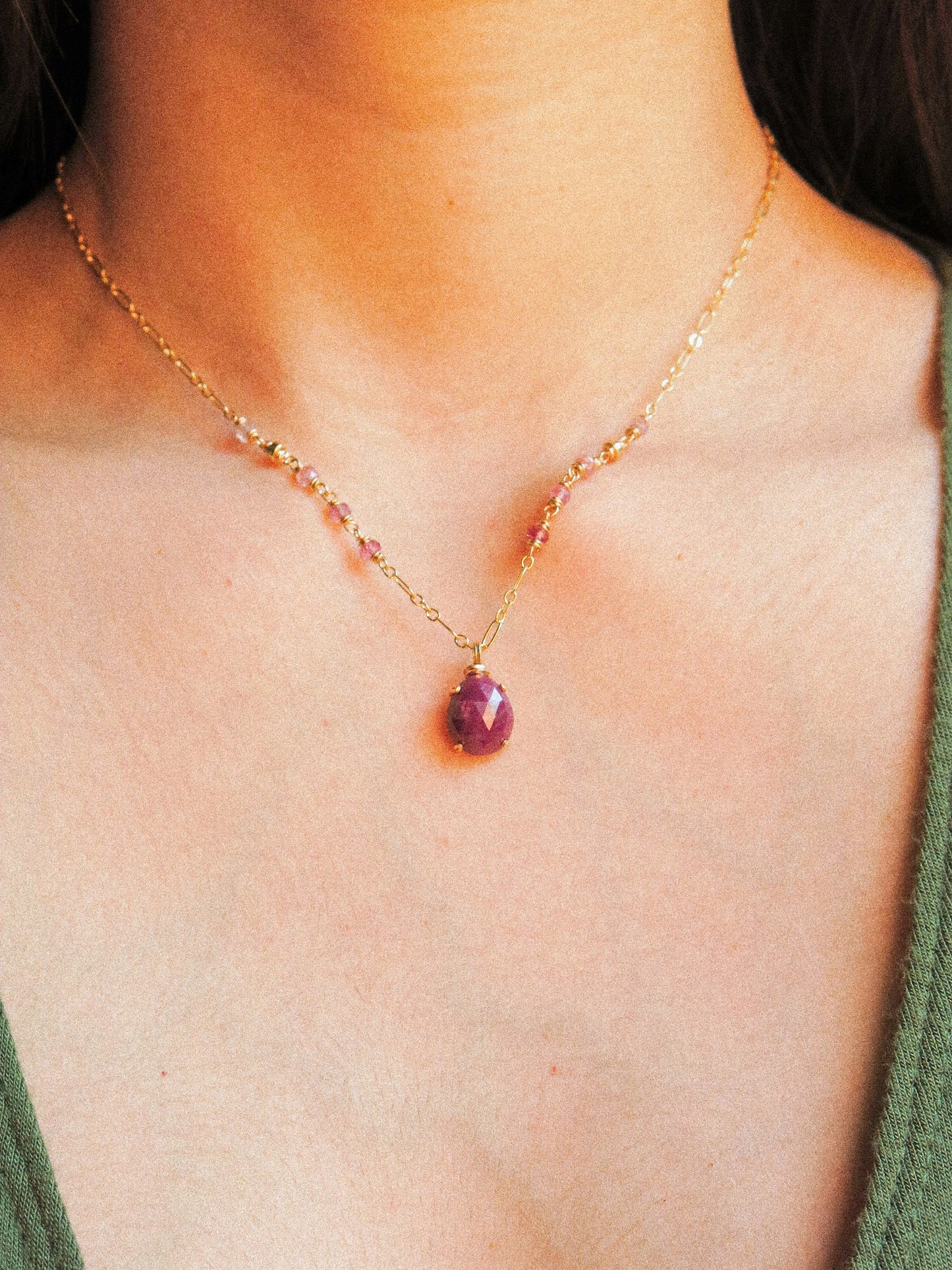 Rosecut Ruby Prong Set Pendant and AAA Ombre Spinel Necklace in 14K Gold Fill, July and August birthstone, star ruby, pink gemstone