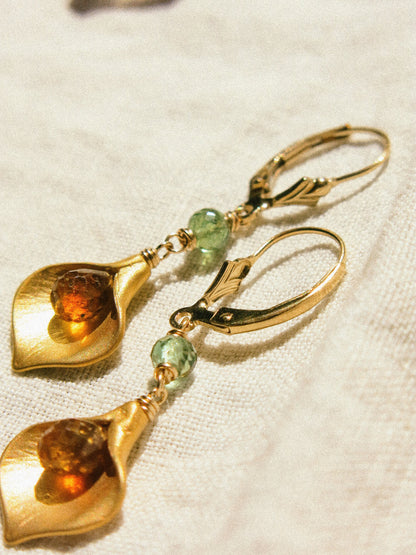 Cala Lily Lever Back Earrings with Tundra Sapphire and Green Apatite, 14K Gold Fill & Gold Vermeil, September birthstone, Botanical Jewelry